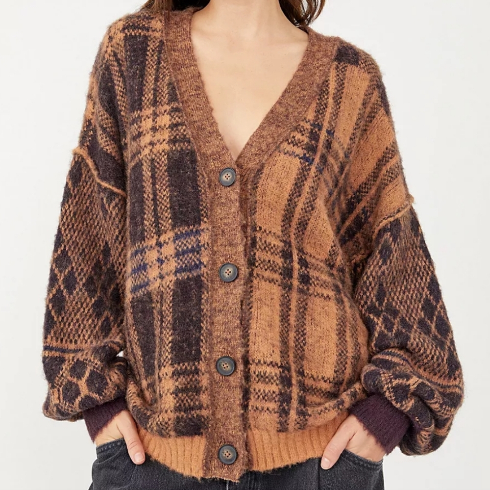 Free People Sepia Plaid Jacquard Cardigan NWT size Medium